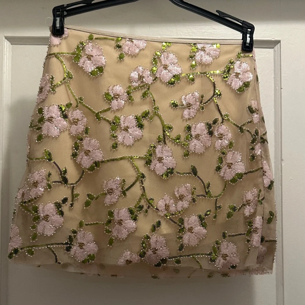 Elegant Floral Embroidered Skirt Set in Cream, Green and Pink